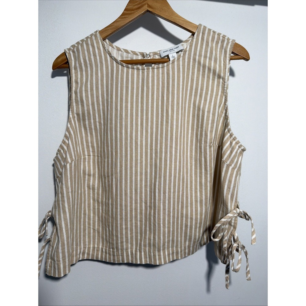 Marc New York Jeans Beige White Striped Linen Sleeveless Top L Linen
